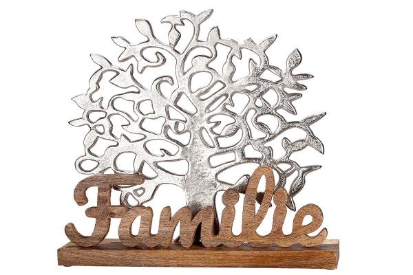 Lebensbaum Familie Silberfarben / Natur Schriftzug und Base Mangoholz 51cm